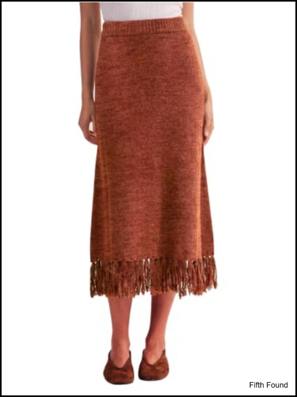 High Waisted Fringe Hem Knit Midi Skirt A-Line Vintage Fall Winter